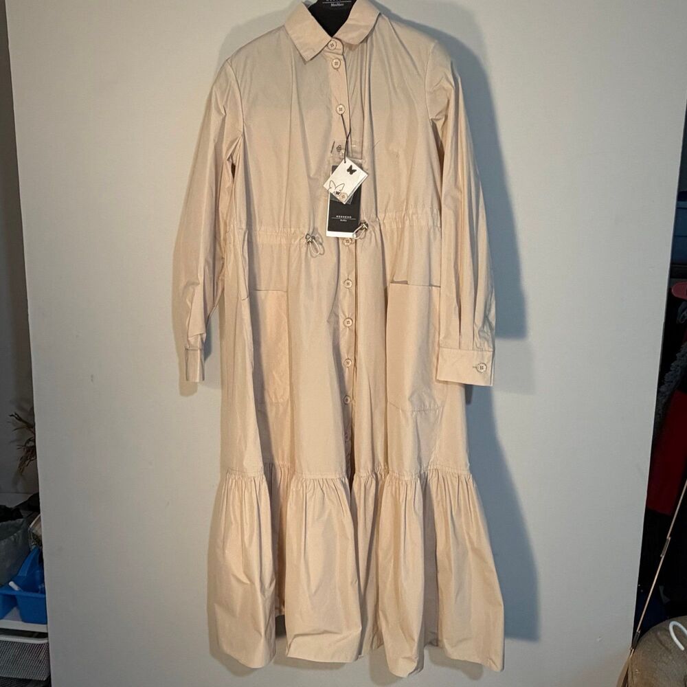 NWT MAX MARA Women's Beige Maxi Dress with Tiered Skirt & Drawstring Waist, Sz 0